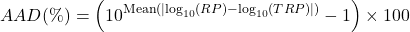 \[AAD (\%)=\left(10^{\text{Mean}\left(\left|\log_{10}(RP)-\log_{10}(TRP)\right|\right)}-1\right)\times 100\]