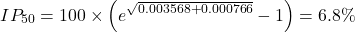 \[IP_{50}=100\times\left(e^{\sqrt{0.003568+0.000766}}-1\right)=6.8\%\]