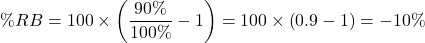 \[\%RB=100\times\left(\frac{90\%}{100\%}-1\right)=100\times\left(0.9-1\right)=-10\%\]